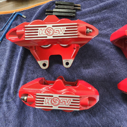 Freshly repainted Harrop calipers in Sting Red 2